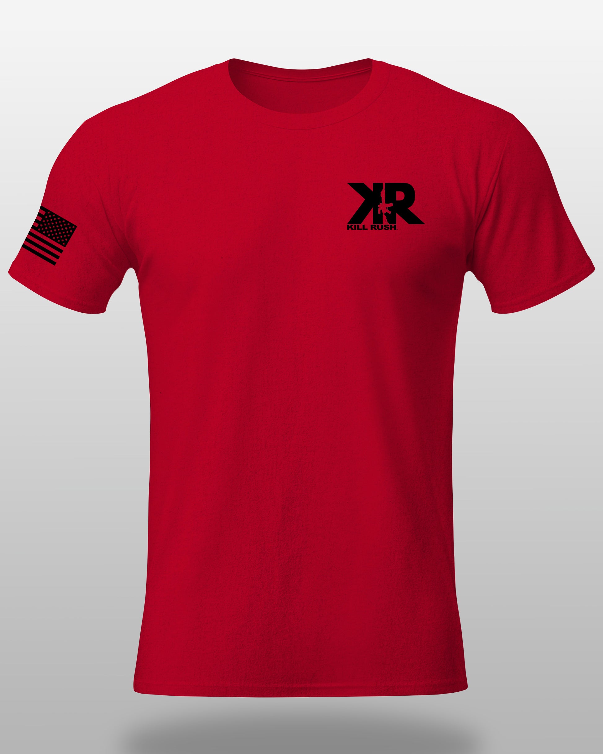 Kill Rush red fitness tshirt with logo and flag front