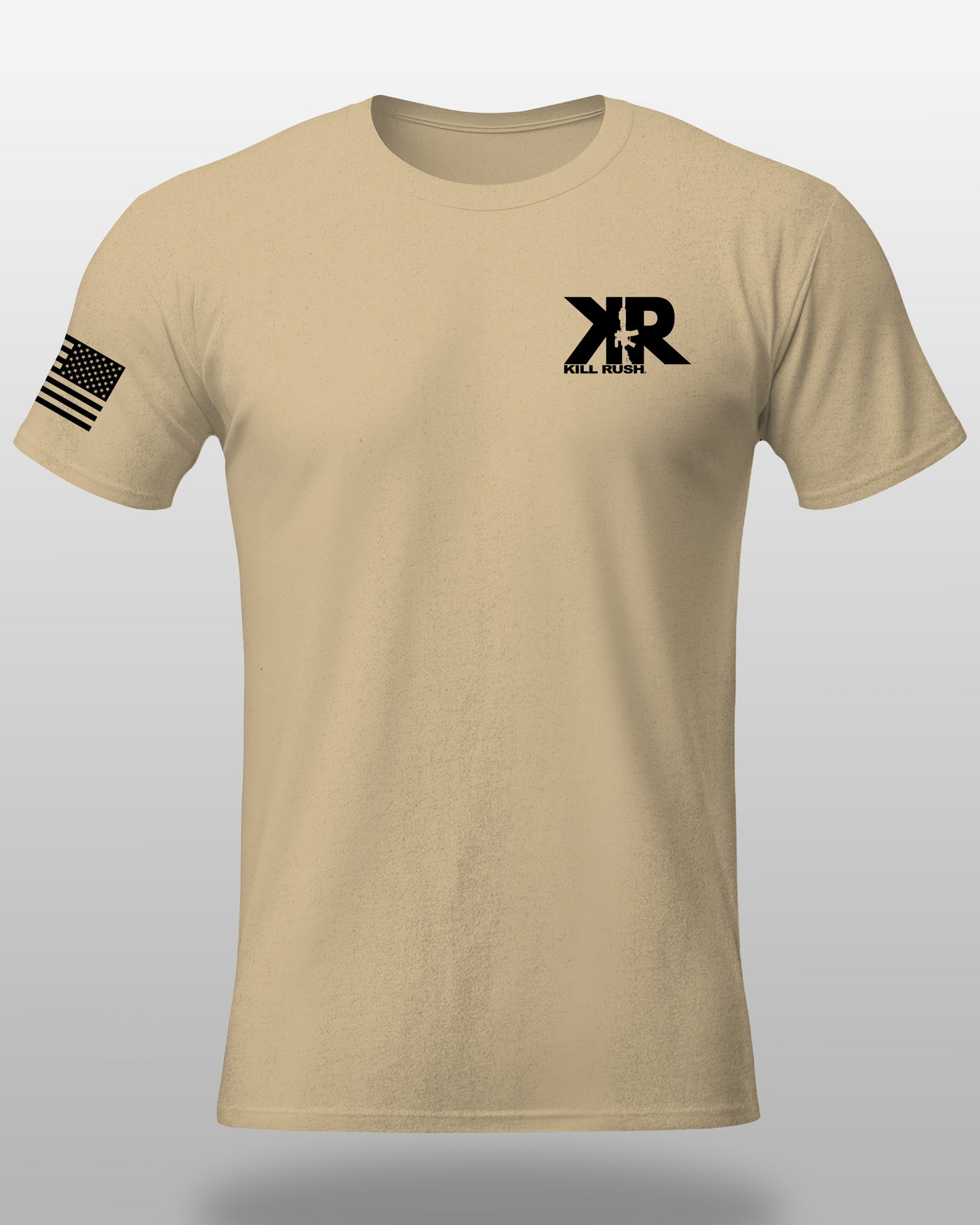 Kill Rush gun cream fitness tshirt with logo and flag front